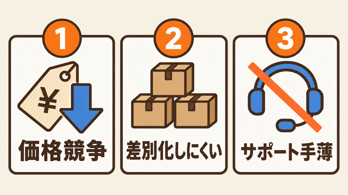 Amazon出品の3つのデメリットの図解。1同じ商品が並び価格競争になりやすい、2他社と差別化しにくい、3個別サポートが手薄で自分で学ぶ必要がある、をアイコンで並べた図