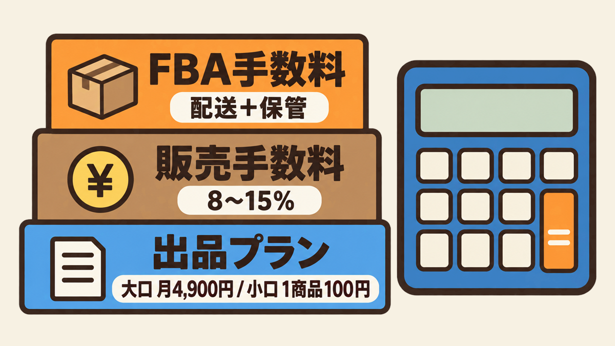 Amazon出品の手数料の全体像の図解。出品プランの料金（大口は月額4900円・小口は1商品100円）、販売手数料（カテゴリーにより概ね8〜15%）、FBA手数料（配送代行＋在庫保管）の3つの内訳を積み上げで示した作図