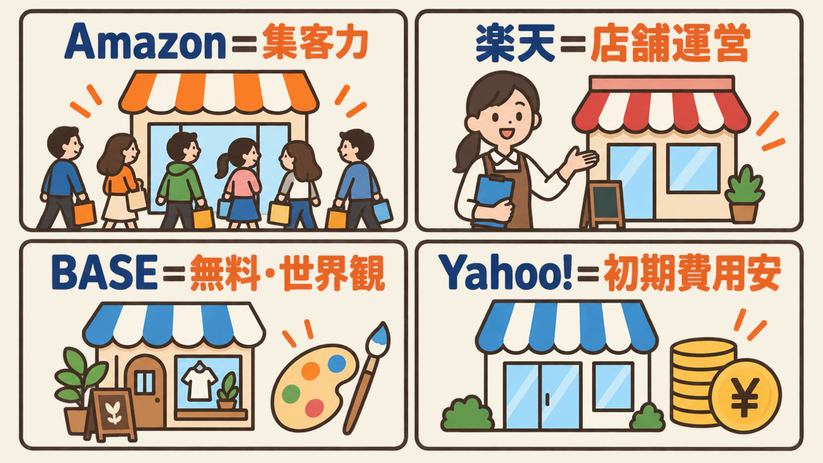 Amazon出品に向いている人と他モールの使い分けの図解。Amazonは集客力重視・せどりや型番商品向き、楽天は本格的な店舗運営向き、BASEは無料でオリジナルブランド向き、Yahoo!ショッピングは初期費用を抑えたい人向き、を対比した図