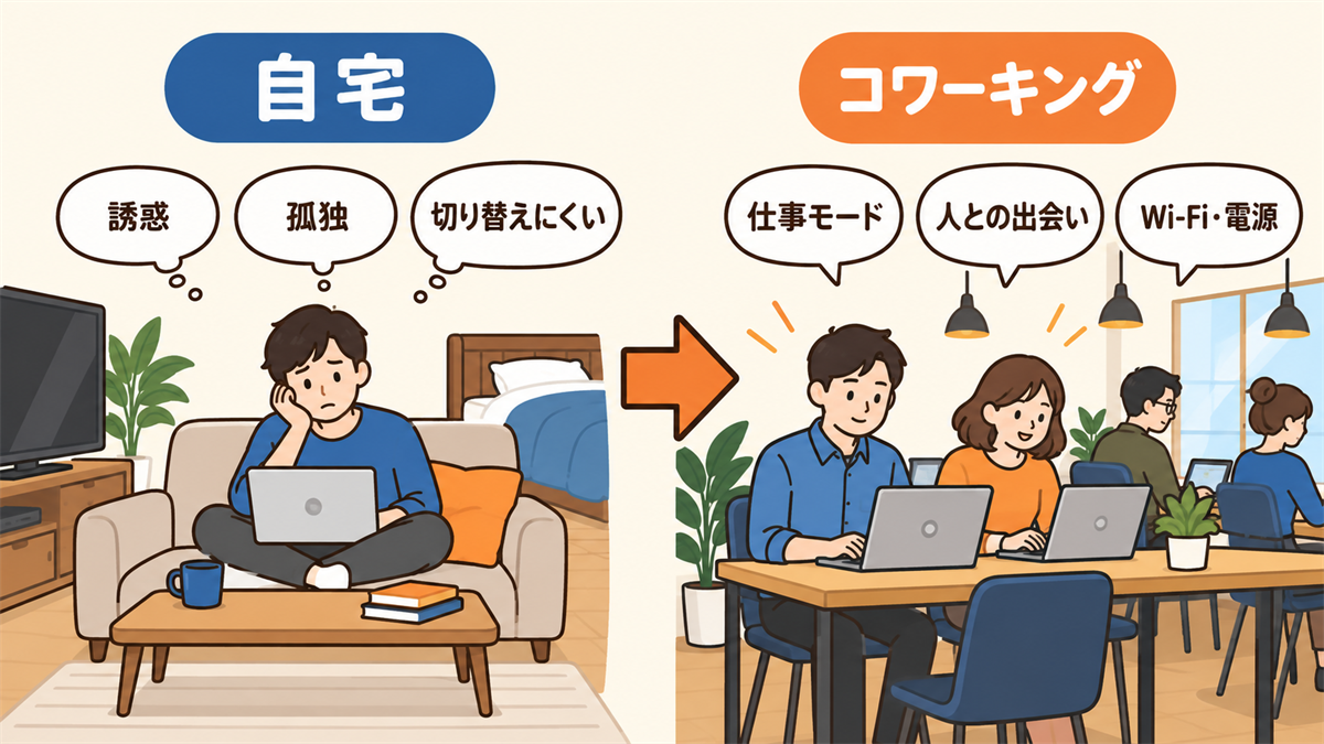 自宅で働く場合（誘惑・孤独・切り替えにくい）と、コワーキングスペースで働く場合（仕事モード・人との出会い・Wi-Fiと電源）の比較図
