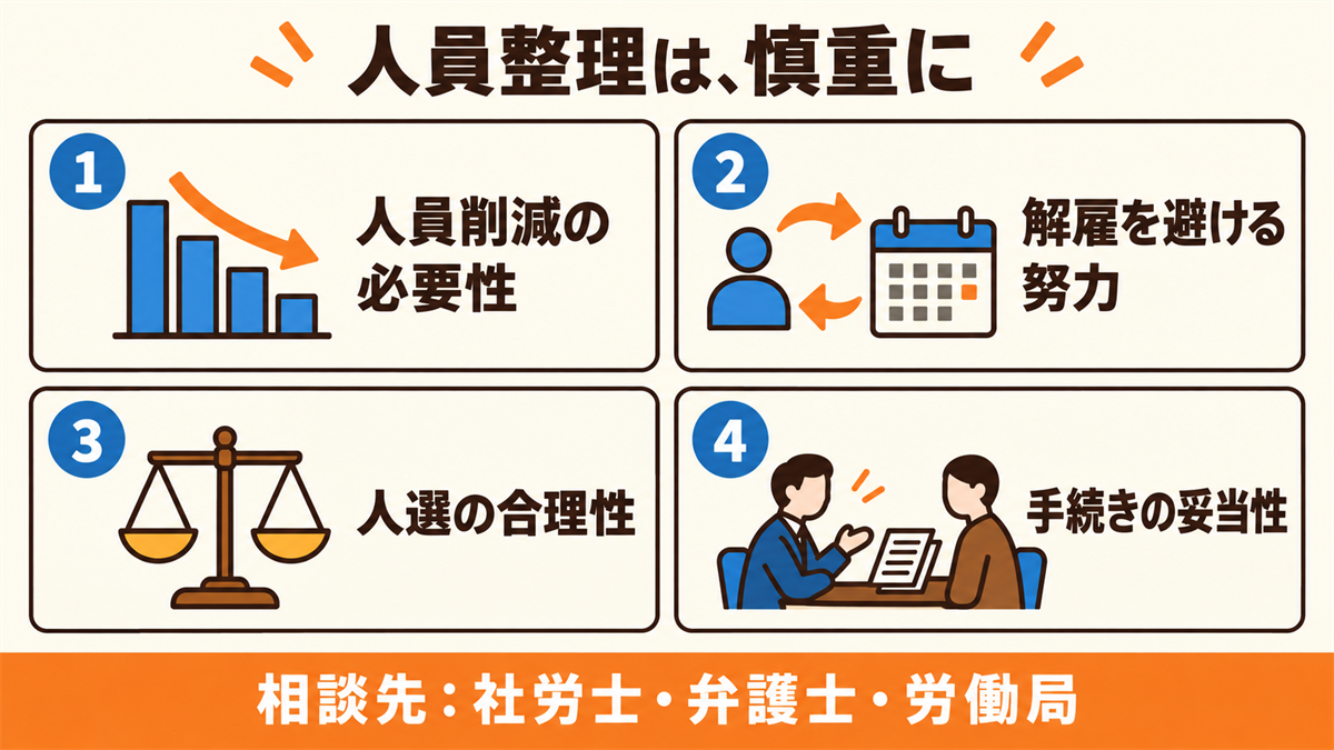 整理解雇の4つの要素（人員削減の必要性、解雇を避ける努力、人選の合理性、手続きの妥当性）。相談先は社労士・弁護士・労働局