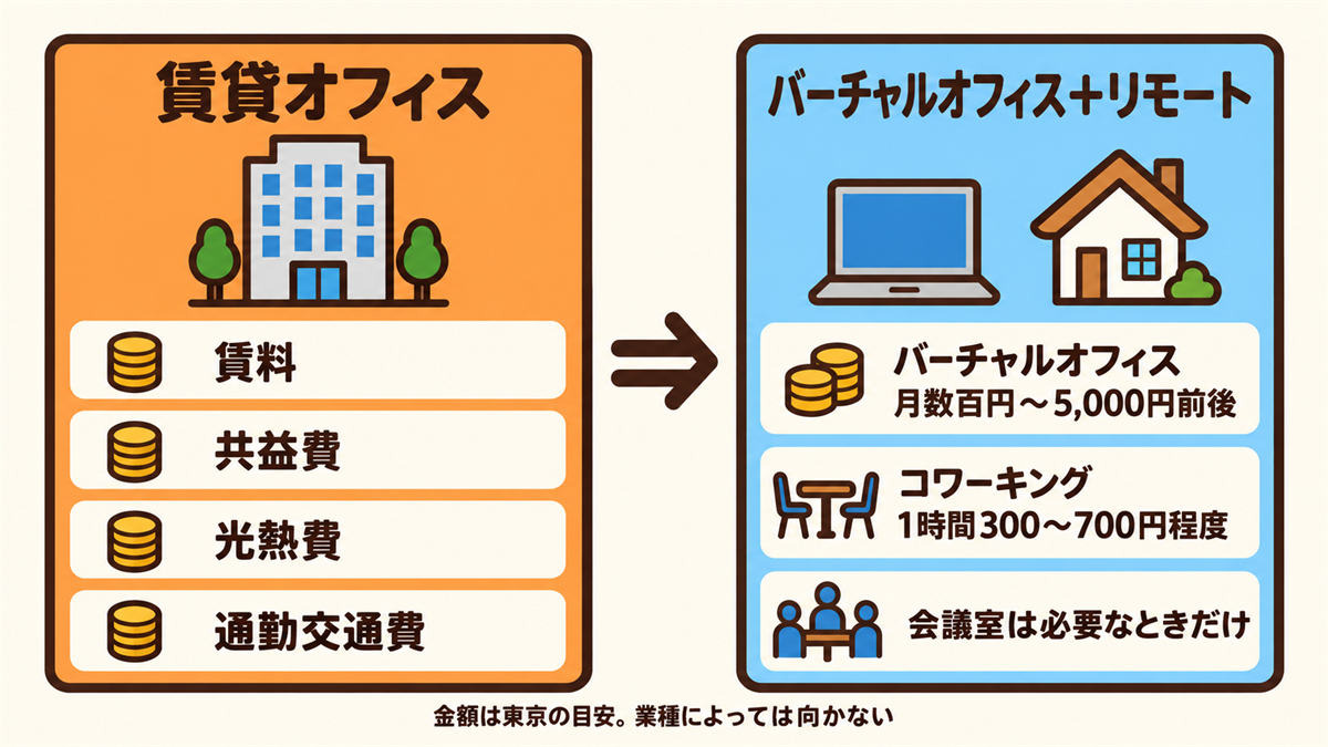 賃貸オフィス（賃料・共益費・光熱費・通勤交通費）と、バーチャルオフィス＋リモート勤務（バーチャルオフィス月数百円から5,000円前後、コワーキング1時間300円から700円程度、会議室は必要なときだけ）の固定費の比較