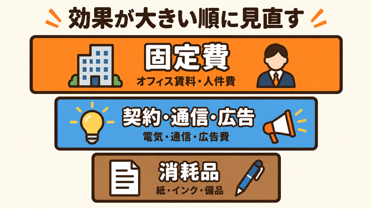 経費削減の優先順位。効果の大きい順に、固定費（オフィス賃料・人件費）、契約・通信・広告（電気・通信・広告費）、消耗品（紙・インク・備品）