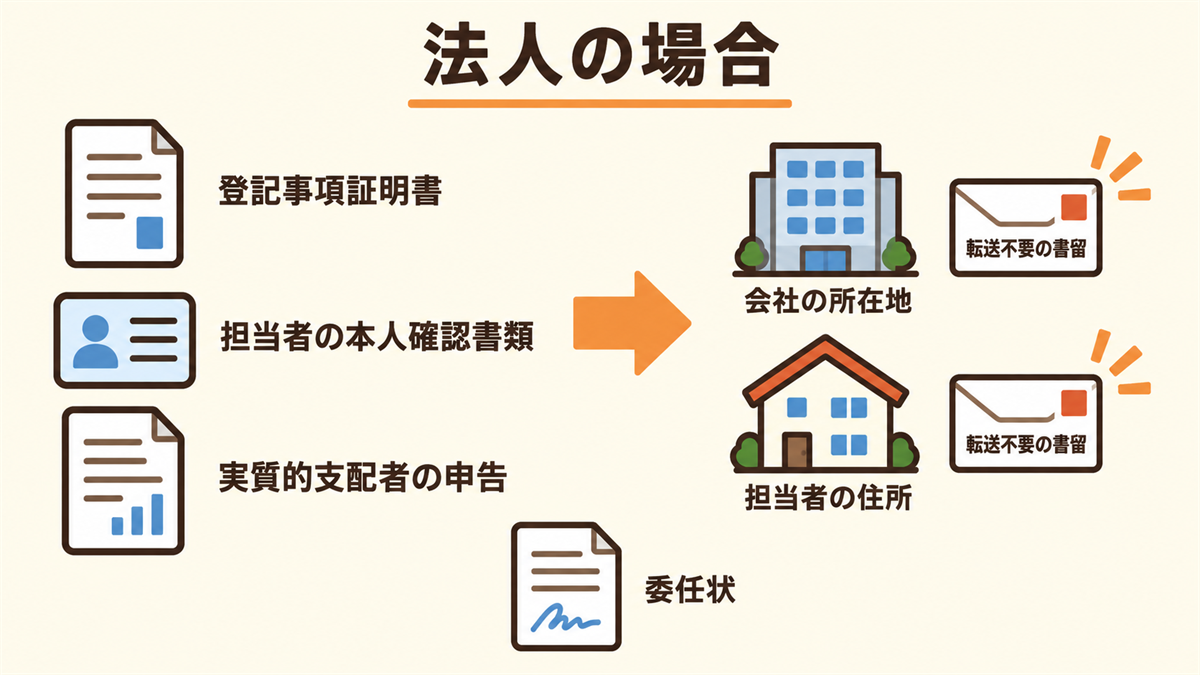 法人の確認：登記事項証明書、担当者の本人確認書類、実質的支配者の申告を提出し、会社の所在地と担当者の住所に転送不要の書留を送る図