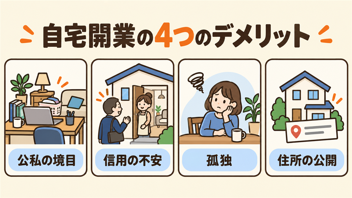 自宅開業の4つのデメリットの図解。1仕事と生活の境目があいまいになる、2来客時に生活感が出て信用面で不利、3一人で孤独になりやすい、4自宅住所を公開することになる、をアイコンで並べた図