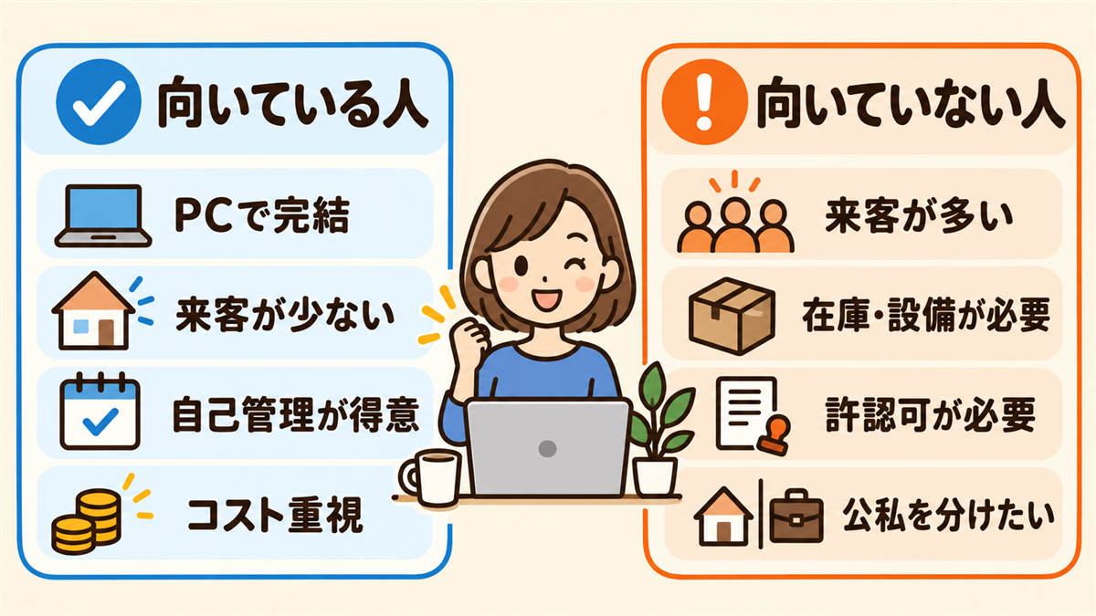 自宅開業が向いている人と向いていない人の図解。向いている人はパソコン1台で完結・来客が少ない・自己管理ができる・コストを最優先。向いていない人は来客や打ち合わせが多い・在庫や設備が必要・許認可が必要な業種・公私を分けたい