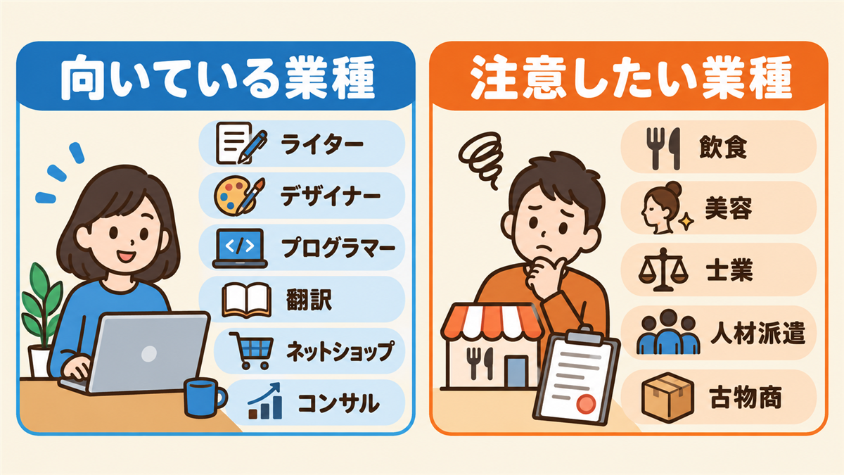 自宅開業に向いている業種と注意したい業種の図解。向いている業種はライター・デザイナー・プログラマー・翻訳・ネットショップ・コンサルなどパソコン中心の仕事。注意したい業種は飲食・美容・士業・人材派遣・古物商など許認可や設備が必要な仕事