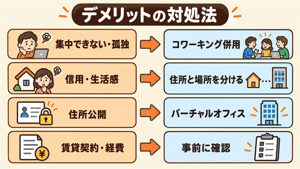 自宅開業のデメリット別の対処法の図解。集中できない・孤独はコワーキングを併用、信用・生活感は住所と場所を分ける、住所公開はバーチャルオフィスで住所を借りる、賃貸契約や経費は事前に確認、を対応づけた図