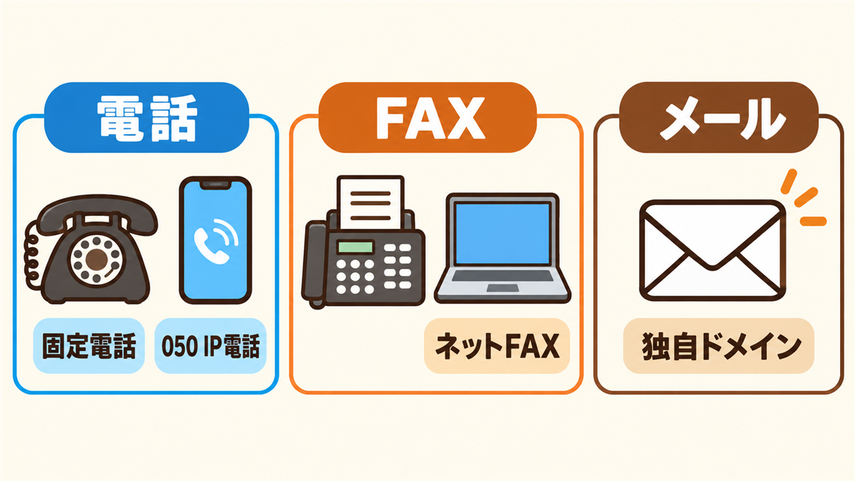 開業でそろえる連絡手段の選択肢の図解。電話はNTT固定電話（03など）か050のIP電話、FAXはFAX機かインターネットFAX、メールは独自ドメインのメールアドレス。それぞれの費用の目安つき（掲載時点）