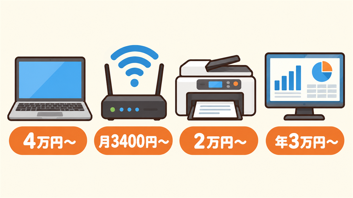 開業でそろえる仕事道具と費用の目安の作図。ノートパソコン4万円〜、インターネット回線 月3,400円〜、プリンター・スキャナー2万円〜、経理ソフト 年3万円〜（掲載時点）