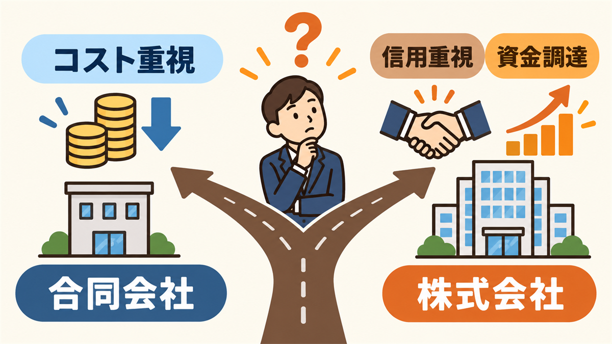 コスト重視なら合同会社・信用や資金調達重視なら株式会社という選び方の分岐を示した図解