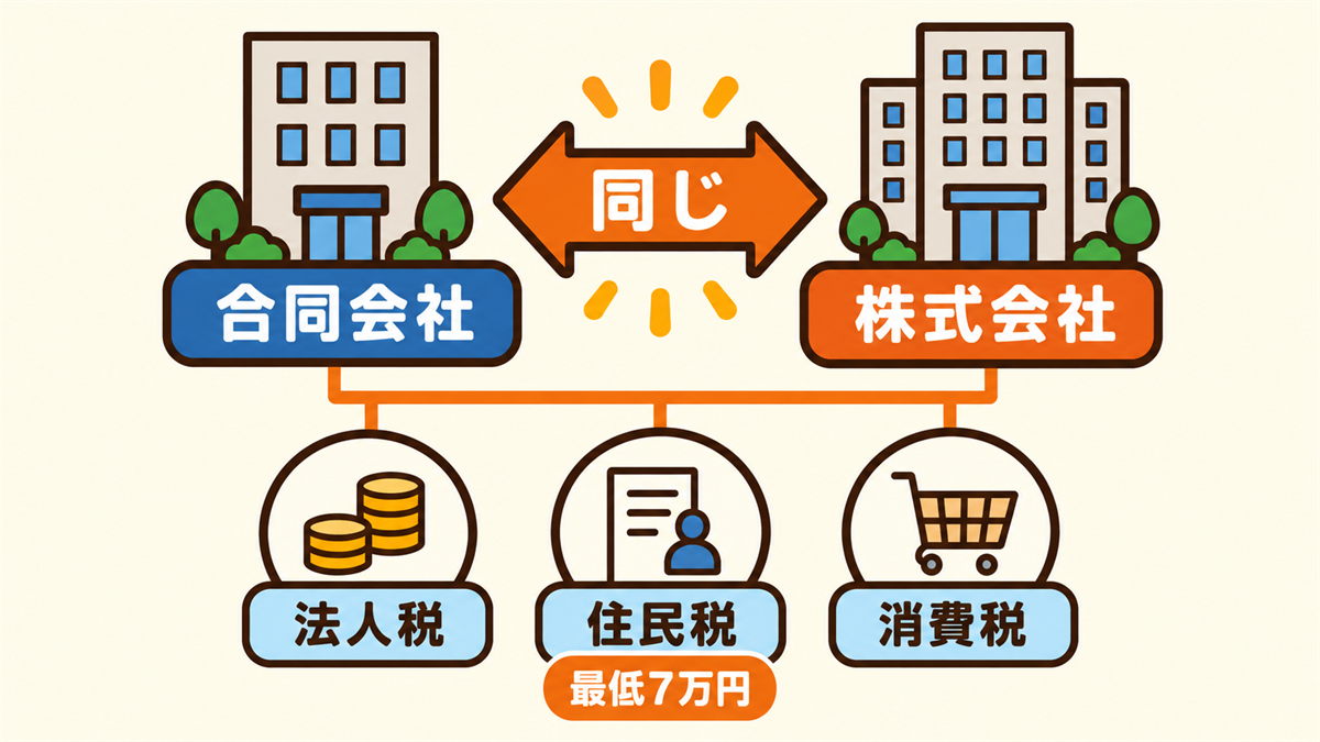 法人税・法人住民税（最低7万円）・消費税が合同会社と株式会社で同じであることを示した図解