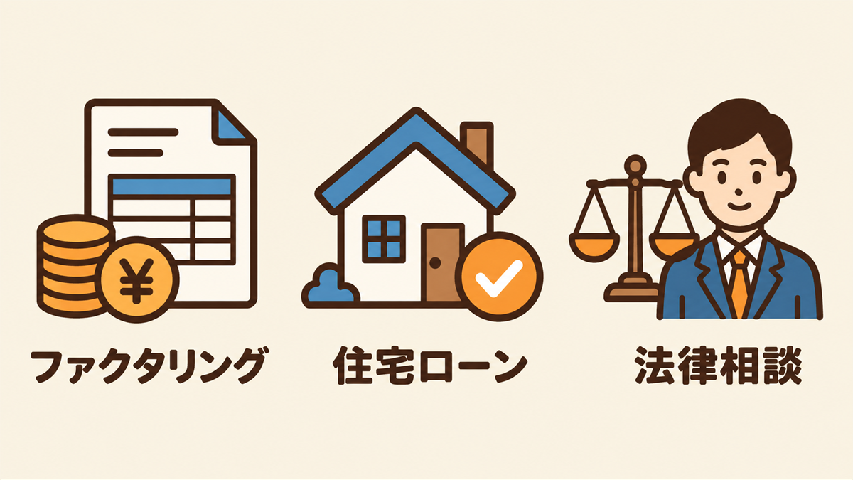 資金調達・お金・法律の相談に役立つメディアの分野（ファクタリング・住宅ローン・法律相談）を示した図解