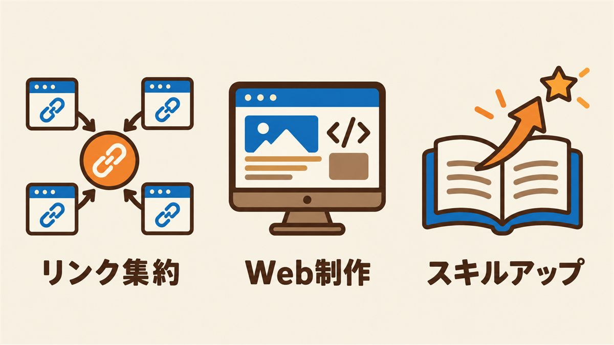 Web集客・情報発信・スキルアップに役立つメディアの分野（リンク集約・Web制作・スキルアップ）を示した図解