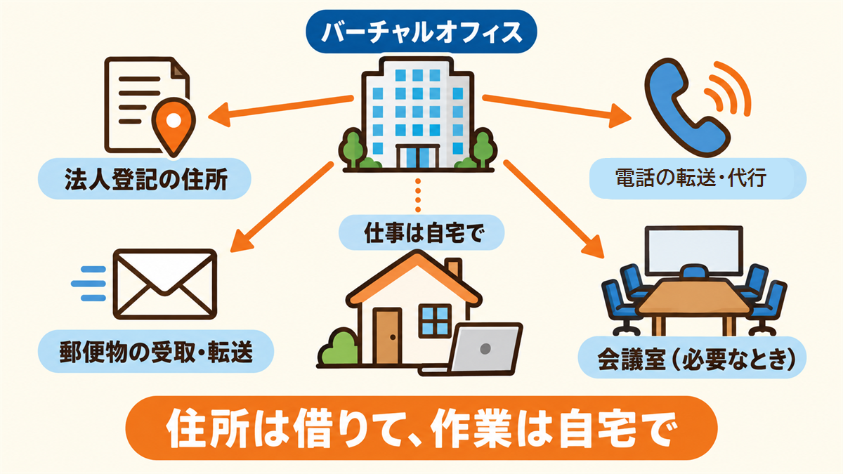 バーチャルオフィスを、法人登記の住所、郵便物の受取・転送、電話の転送・代行、会議室の4つに活用し、作業は自宅で行う図