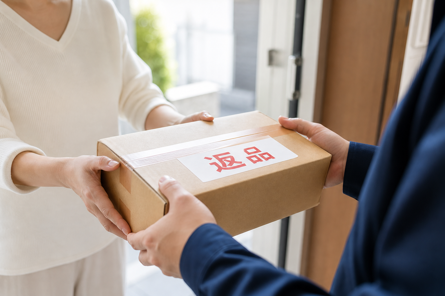 ネットショップの返品荷物を受け取る様子