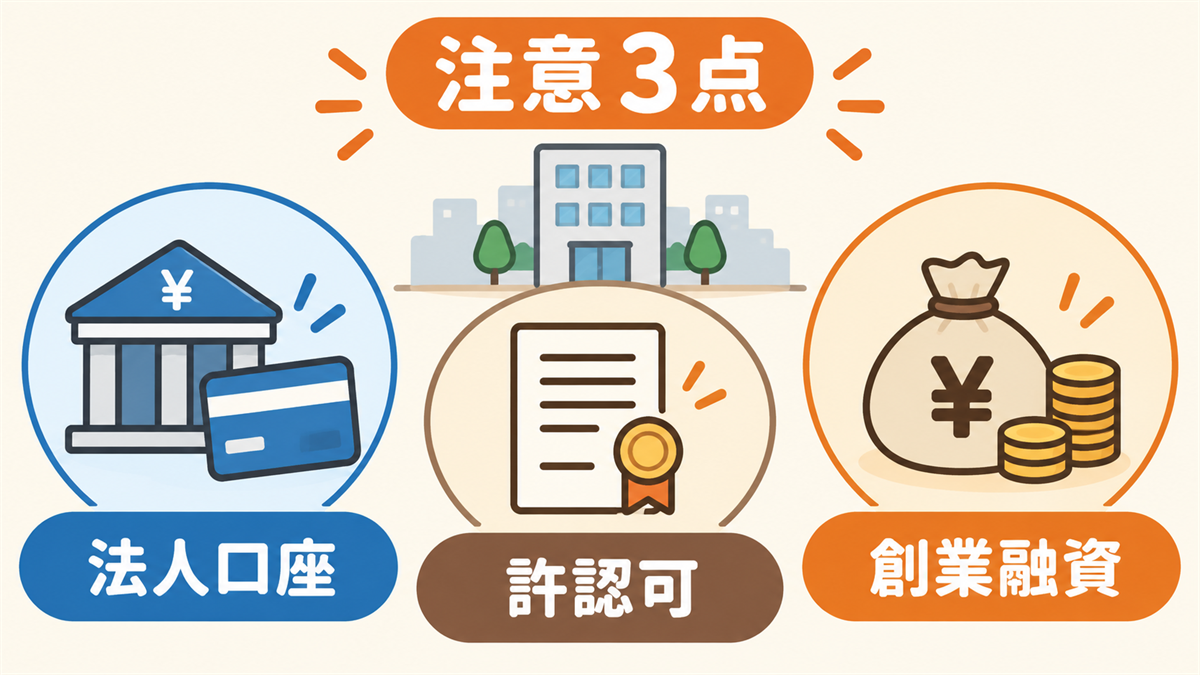 バーチャルオフィス利用時に注意したい3点（法人銀行口座の開設・許認可の取得・創業融資）を示す図解