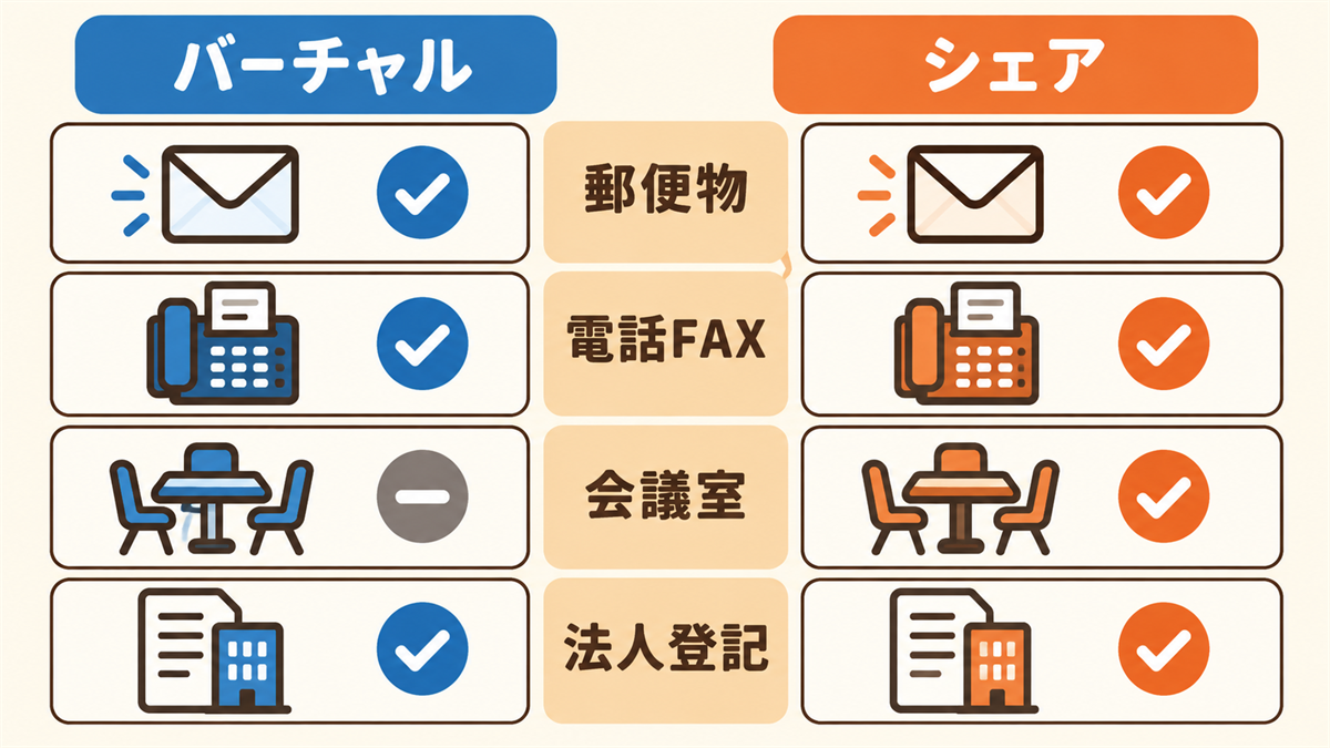 郵便物の受け取り・固定電話やFAX・会議室・法人登記の4項目について、バーチャルオフィスとシェアオフィスの実務的な違いをアイコンで対比した図解