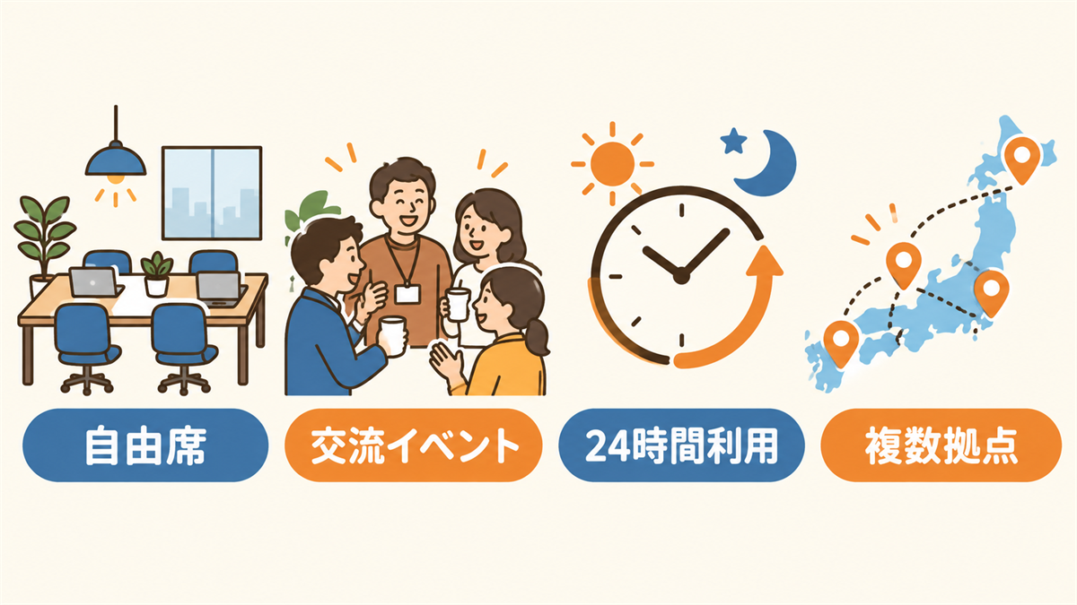 シェアオフィスの特徴（共有のフリーアドレス席・利用者同士の交流やイベント・24時間利用・複数拠点プラン）をアイコンで並べた図解