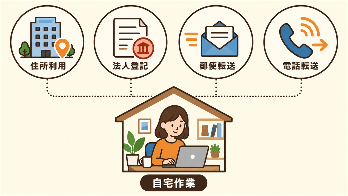 バーチャルオフィスの特徴（ビジネス住所・法人登記・郵便物の転送・電話転送）をアイコンで並べ、作業は自宅で行うことを示した図解