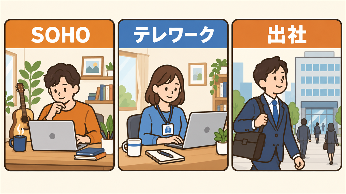 SOHO・テレワーク・出社の3つの働き方の違いを示す図解