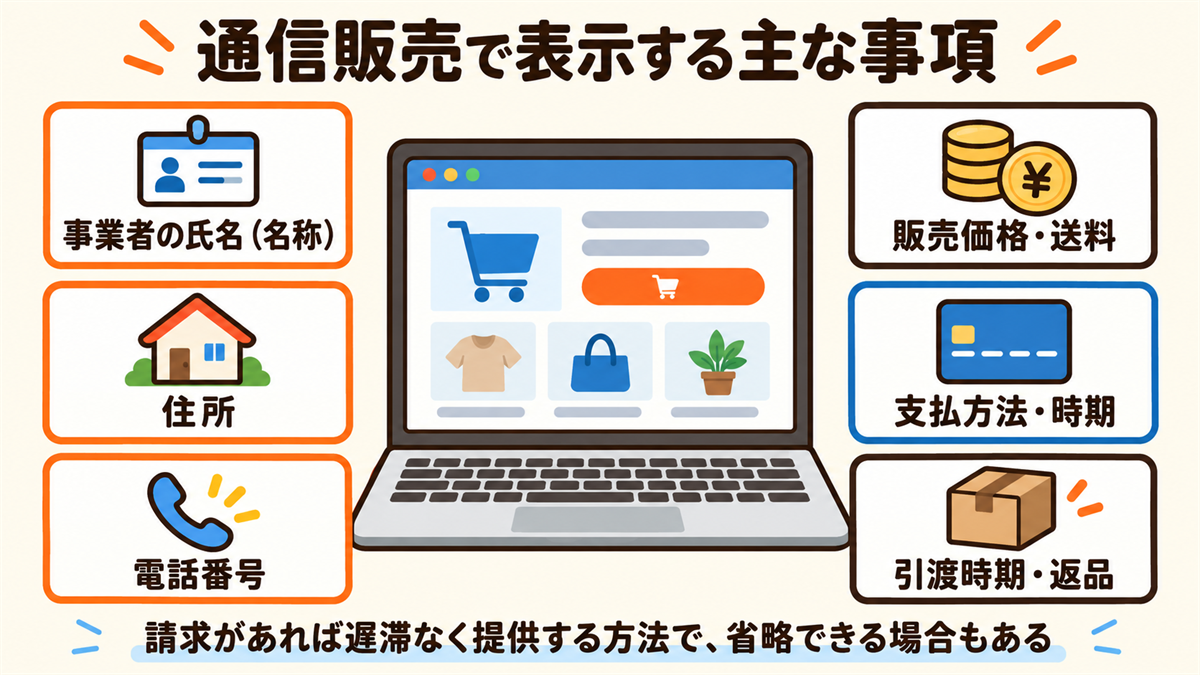 通信販売で表示する主な事項（事業者の氏名、住所、電話番号、販売価格・送料、支払方法・時期、引渡時期・返品）の図。住所・電話番号・氏名は、請求があれば遅滞なく提供する方法で省略できる場合がある