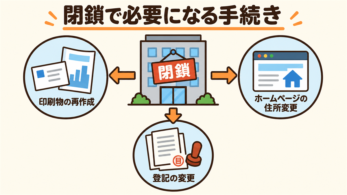 バーチャルオフィスが閉鎖したときに必要になる手続き（名刺や会社案内の再印刷・ホームページの住所変更・登記の変更）の図