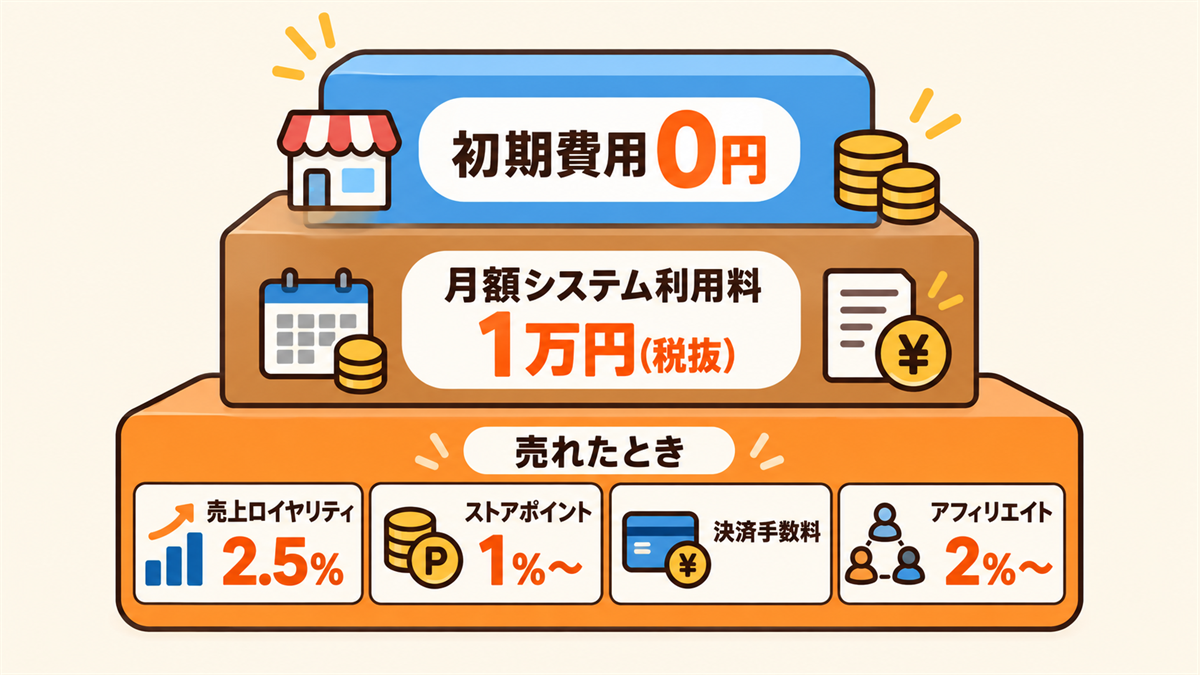 Yahoo!ショッピングの料金の全体像の作図。初期費用0円、毎月の固定費として月額システム利用料10000円（税抜）、売れたときにかかる費用として売上ロイヤリティ2.5%・ストアポイント原資1%〜・決済サービス利用料・アフィリエイト報酬2%〜、を積み上げで示した図