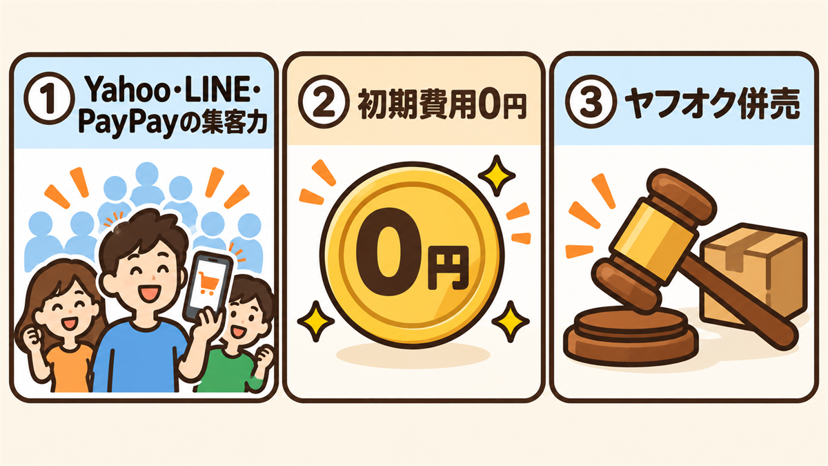 Yahoo!ショッピングの3つのメリットの図解。1Yahoo!・LINE・PayPay経済圏の集客力と利用者数、2初期費用0円で始められ在庫リスクを抑えやすい、3ヤフオク（Yahoo!オークション）でも併売できる、をアイコンで並べた図