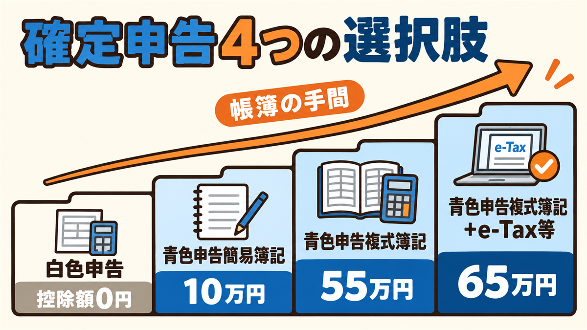 確定申告4つの選択肢と控除額。白色申告は控除額0円、青色申告（簡易簿記）は10万円、青色申告（複式簿記）は55万円、青色申告（複式簿記＋電子申告または電子帳簿保存）は65万円