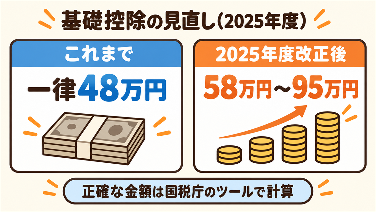 2025年度の基礎控除見直し。これまでは所得にかかわらず一律48万円だったが、2025年度改正で所得金額に応じて58万円から95万円に変わった。正確な金額と課税所得は国税庁の確定申告書等作成コーナーで計算する