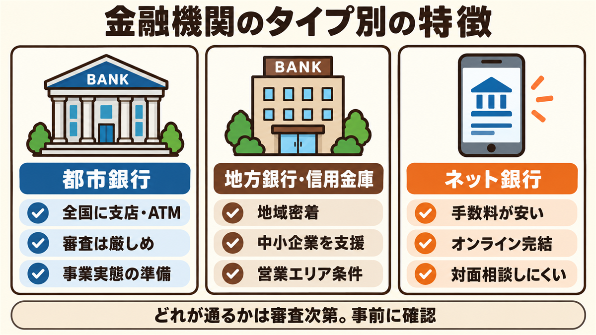 金融機関のタイプ別の特徴。都市銀行は全国に支店・ATMがあり、審査は厳しめの傾向。地方銀行・信用金庫は地域密着で中小企業を支援、営業エリアの条件がある場合も。ネット銀行は手数料が安くオンラインで完結、対面相談はしにくい。どれが通るかは審査次第で、事前に確認