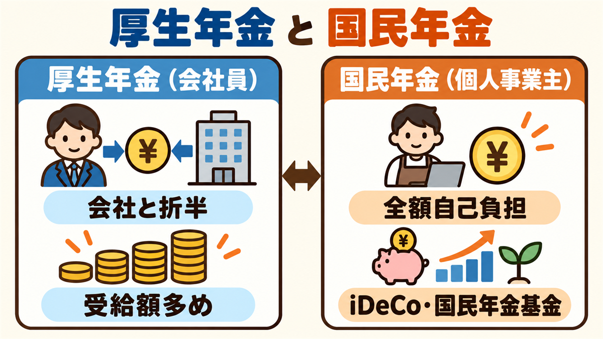 厚生年金と国民年金の違い。会社員は厚生年金に加入し、保険料は会社と折半。将来受け取る年金額は、国民年金だけの場合より多くなる傾向がある。個人事業主は国民年金が基本で、上乗せしたい場合は国民年金基金やiDeCo等の活用が選択肢