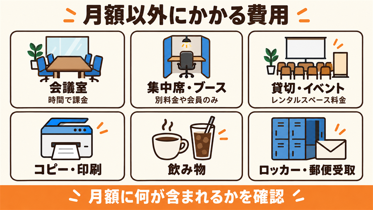 月額以外にかかる費用。会議室（時間で課金）、集中席・ブース（別料金や会員のみ）、貸切・イベント（レンタルスペース料金）、コピー・印刷、飲み物、ロッカー・郵便受取。月額に何が含まれるかを確認