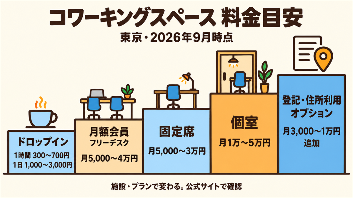コワーキングスペースの料金の目安（東京）。ドロップインは1時間300円から700円程度、1日1,000円から3,000円程度、月額会員（フリーデスク）は月5,000円から4万円程度、固定席は月5,000円から3万円程度、個室は月1万円から5万円ほど、登記・住所利用のオプションは月3,000円から1万円ほど