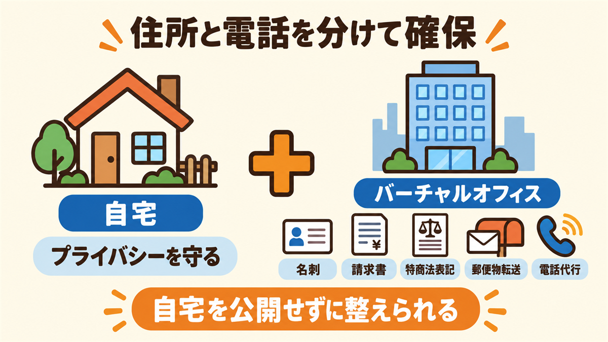 バーチャルオフィスでの解決。事業用の住所と電話番号をバーチャルオフィスで確保し、自宅の住所を公開せずに、名刺・請求書・特定商取引法の表記に対応する。郵便物の転送や電話代行のオプションも使える