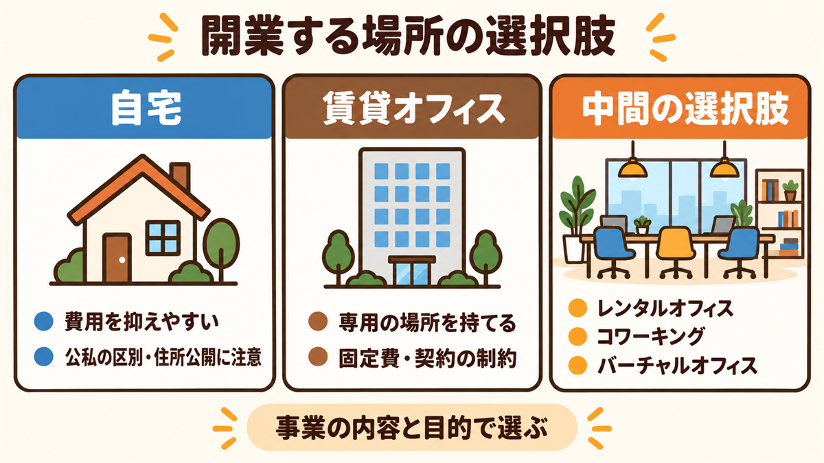 自宅、賃貸オフィス、中間の選択肢の比較。自宅は費用を抑えやすいが公私の区別と住所公開に注意。賃貸オフィスは専用の場所を持てるが固定費と契約の制約がある。中間の選択肢はレンタルオフィス・コワーキング・バーチャルオフィス