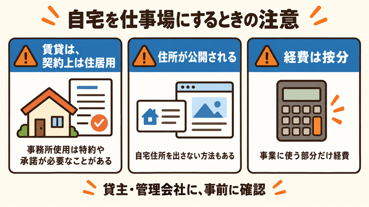 自宅を仕事場にするときの注意。賃貸は契約上は住居用で事務所使用は特約や承諾が必要なことがある、住所が公開される、経費は事業に使う部分だけ按分。貸主・管理会社に事前に確認