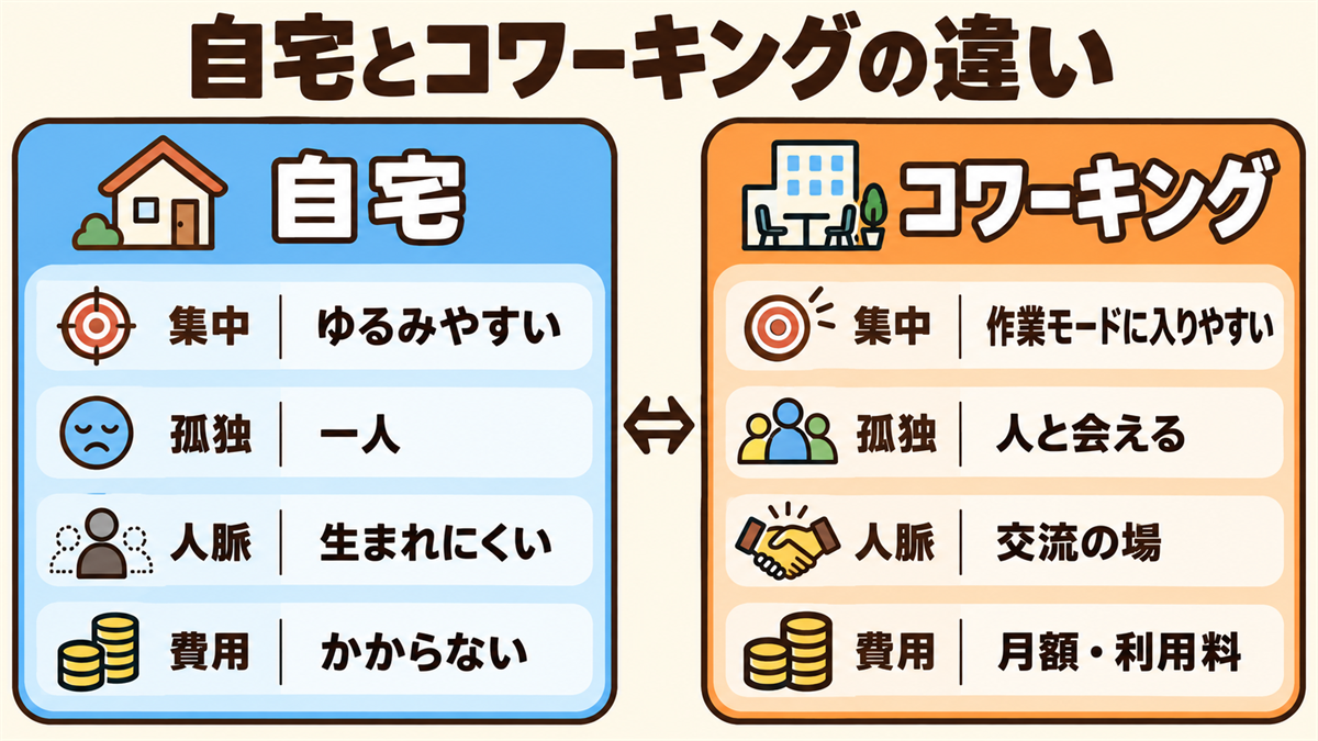自宅とコワーキングの違い。集中（自宅はゆるみやすい、コワーキングは作業モードに入りやすい）、孤独（一人、人と会える）、人脈（生まれにくい、交流の場）、費用（かからない、月額・利用料）