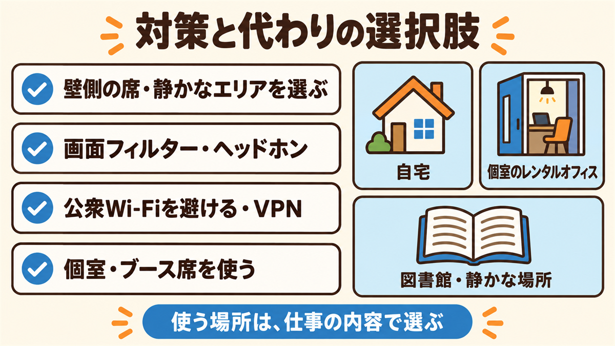 向かないと感じたときの対策（壁側の席や静かなエリア、画面フィルターとヘッドホン、公衆Wi-Fiを避ける・VPN、個室やブース席）と、代わりの選択肢（自宅、個室のレンタルオフィス、図書館など静かな場所）
