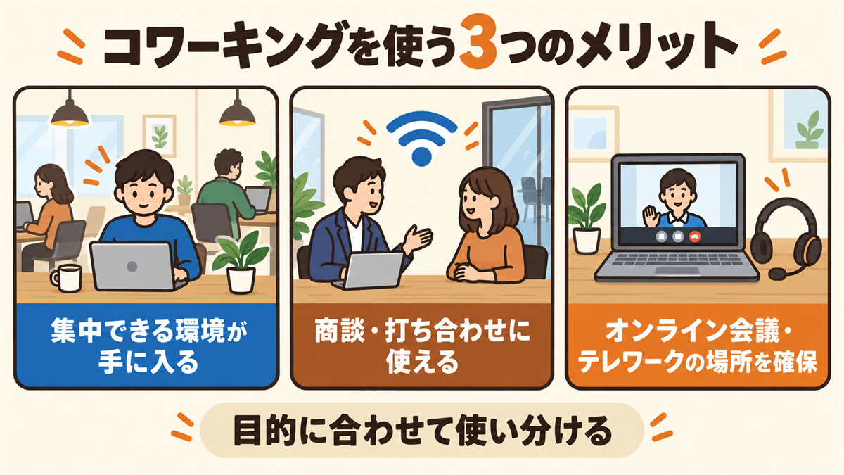 コワーキングスペースを使う3つのメリット。集中できる環境が手に入る、商談・打ち合わせに使える（Wi-Fi・モニター・会議スペース）、オンライン会議・テレワークの場所を確保できる