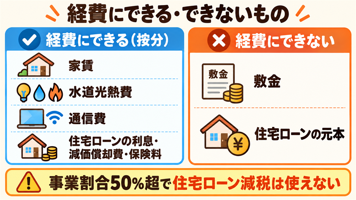 自宅兼事務所で経費にできる・できないもの。経費にできる（事業割合で按分）：家賃、水道光熱費、通信費、住宅ローンの利息・減価償却費・保険料。経費にできない：敷金、住宅ローンの元本。事業割合が50%超だと住宅ローン減税は使えない