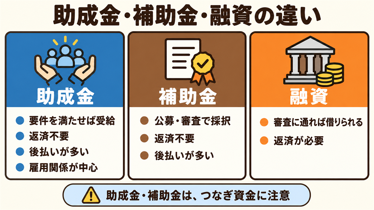 助成金・補助金・融資の違い。助成金は要件を満たせば受給できる・返済不要・後払いが多い。補助金は公募・審査で採択される・返済不要・後払いが多い。融資は審査に通れば借りられる・返済が必要。