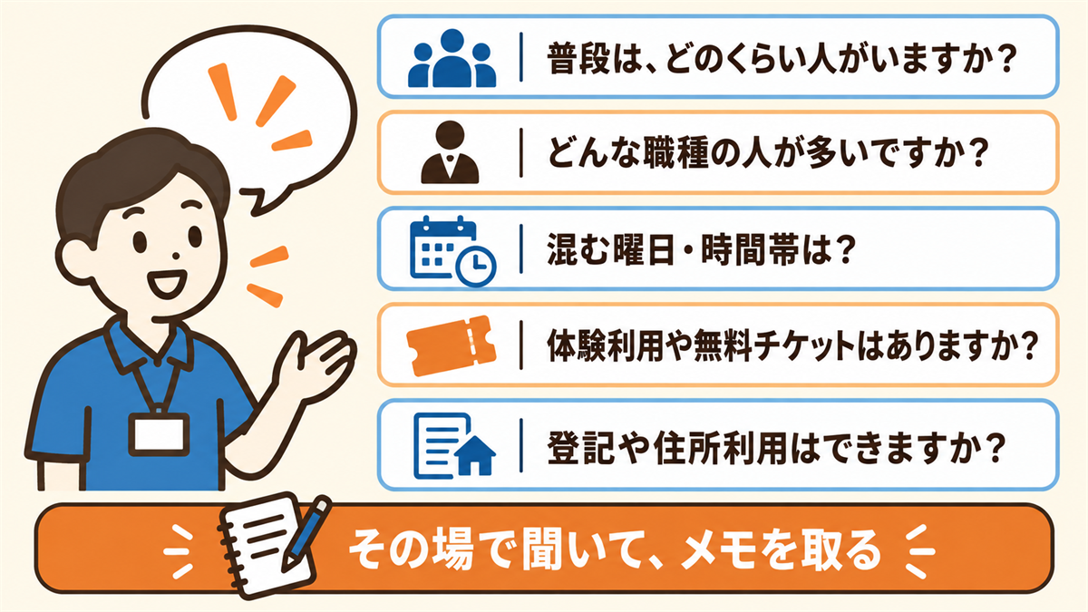 見学のときにスタッフに聞くこと。普段はどのくらい人がいるか、どんな職種の人が多いか、混む曜日・時間帯、体験利用や無料チケットの有無、登記や住所利用ができるか