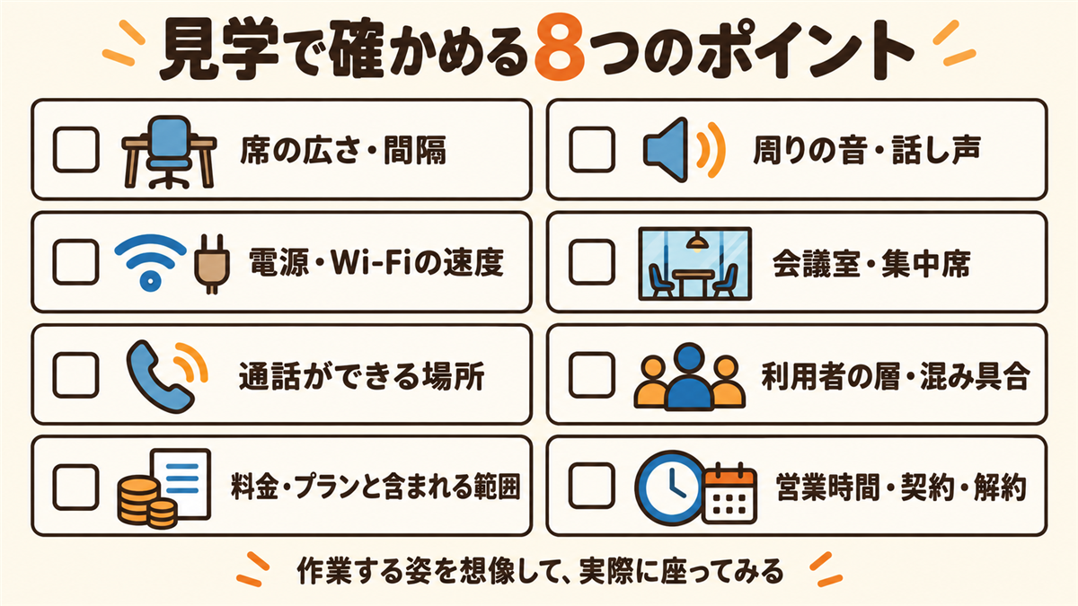コワーキングスペースの見学で確かめる8つのポイント。席の広さ・間隔、周りの音・話し声、電源・Wi-Fiの速度、会議室・集中席、通話ができる場所、利用者の層・混み具合、料金・プランと含まれる範囲、営業時間・契約・解約。作業する姿を想像して実際に座ってみる