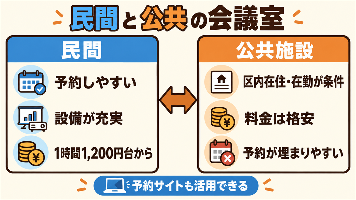 民間と公共の会議室の使い分け。民間は予約のしやすさと設備が魅力で1時間1,200円台から。公共施設は区内在住・在勤で安く借りられるが予約が埋まりやすい。ほかに貸し会議室の予約サイトも活用できる