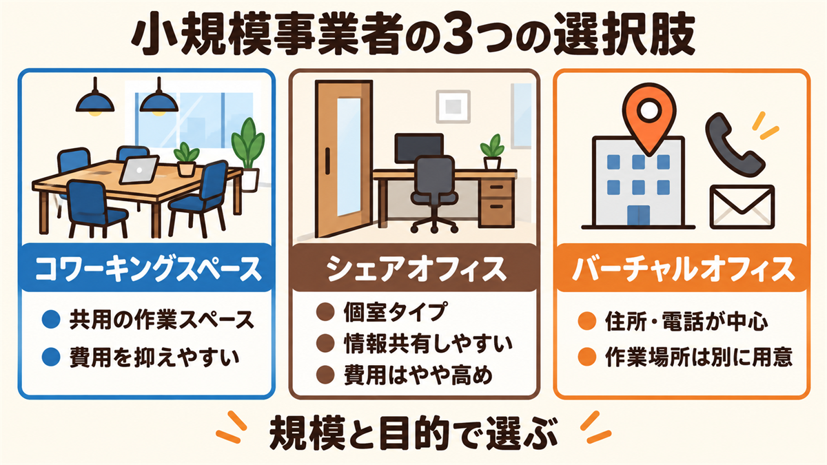 小規模事業者の3つの選択肢。コワーキングスペースは共用の作業スペース、費用を抑えやすいが個室の機密性は低い。シェアオフィスは個室タイプで情報共有もしやすいが費用はやや高め。バーチャルオフィスは住所・電話が中心で作業場所は別に用意する