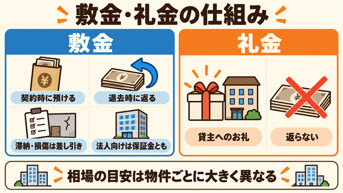 敷金と礼金の仕組み。敷金は契約時に預けて退去時に返る（滞納や損傷があれば差し引かれる）。礼金は貸主へのお礼で返らない。相場の目安は物件ごとに大きく異なる。法人向けは保証金と呼ばれることもある