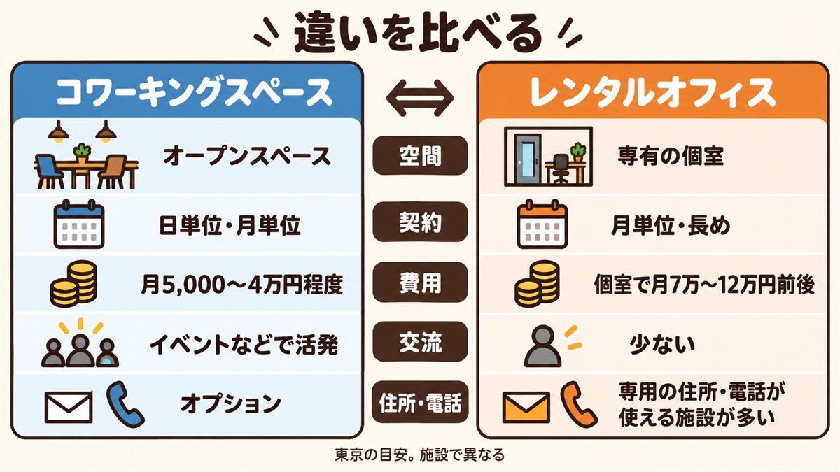 コワーキングスペースとレンタルオフィスの違い。空間はオープンスペースか専有の個室か、契約は日単位・月単位か月単位で長めか、費用は月5,000円から4万円程度か個室で月7万円から12万円前後か、交流は活発か少ないか、住所・電話はオプションか専用のものが使える施設が多いか