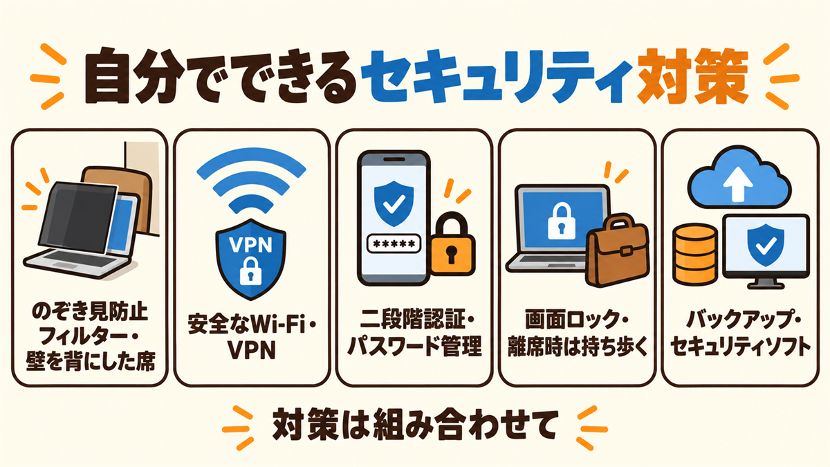 自分でできるセキュリティ対策。のぞき見防止フィルターと席の選び方、安全なWi-FiとVPN、二段階認証とパスワード管理、画面ロックと離席時の対応、バックアップとセキュリティソフト